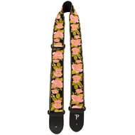 Perris 2" Jacquard Guitar Strap with "Pink Flowers on Black" Design & Leather ends