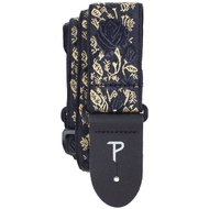 Perris 2.5" Jacquard Guitar Strap with "Black & Gold Roses on Black" Design & Leather ends