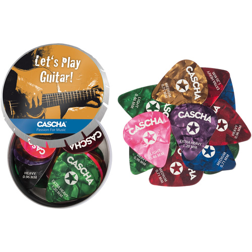 Cascha Metal Tin of 24 Assorted Celluloid Guitar Picks (Light, Medium & Heavy)