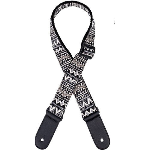 Kealoha 1.5" Cotton/Linen Ukulele Strap in Black & White Aztec Design with Black Ends