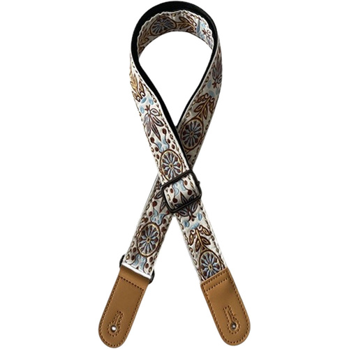 Kealoha 1.5" Embroidered Ukulele Strap in Flower & Wheel Aztec Pattern with Brown Ends