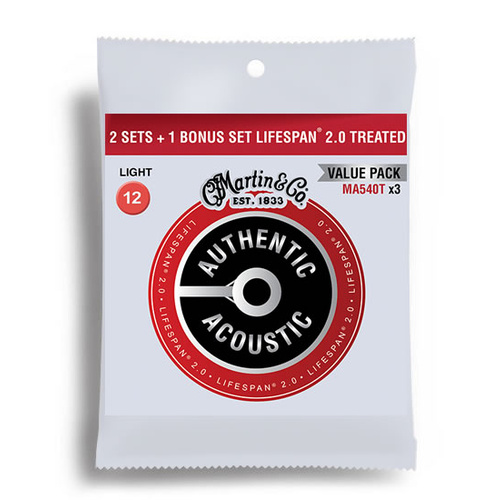 Martin Value Pack Authentic Acoustic Lifespan 2.0 Phosphor Bronze 92/8 Light Guitar String Set (12-54)