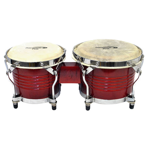 Percussion Plus Deluxe 7.5 & 8.5" Wooden Bongos in Gloss Red Lacquer Finish