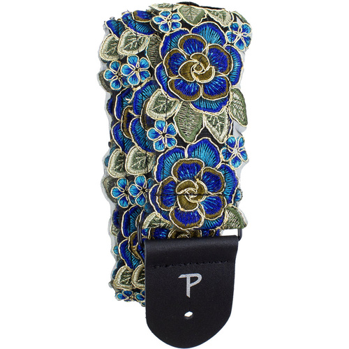 Perris 2" Stitched 3D Lace Ribbon Guitar Strap in Blue & Gold Floral Design
