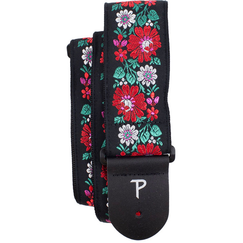 Perris 2.5" Jacquard Guitar Strap with "Red Floral on Black" Design & Leather ends