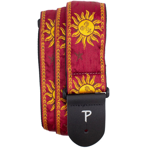Perris 2.5" Jacquard Guitar Strap with "Gold Celestial on Burgundy" Design & Leather ends