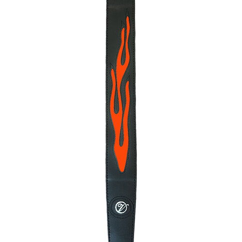 Vorson Black Leather Guitar Strap with Stitched Orange Flame Design
