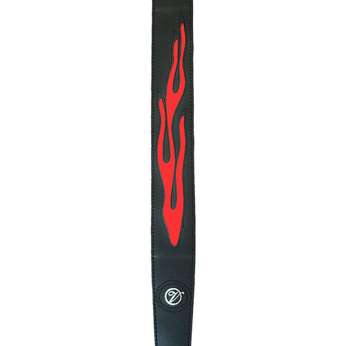 Vorson Black Leather Guitar Strap with Stitched Red Flame Design
