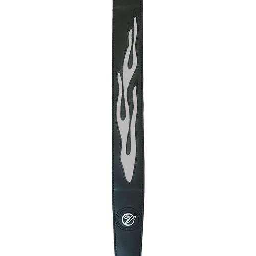 Vorson Black Leather Guitar Strap with Stitched Silver Flame Design